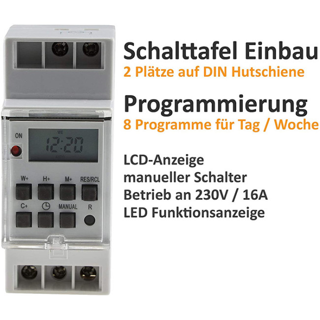 ChiliTec Weekly Timer Switch Digital for Panel Installation 230 V Max. 3500 W