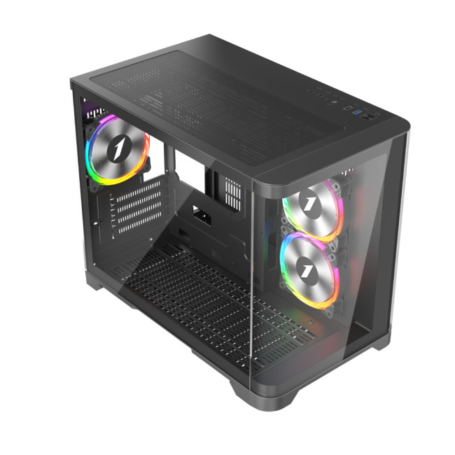 1st Player UV6 Tempered Glass Micro ATX Gaming Case - Black with 3 RGB Fans