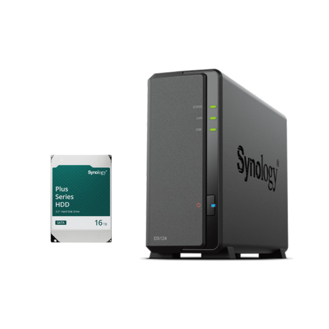 Synology DS124 1-Bay NAS Enclosure (1GB RAM) - 16TB HDD Included Bundle