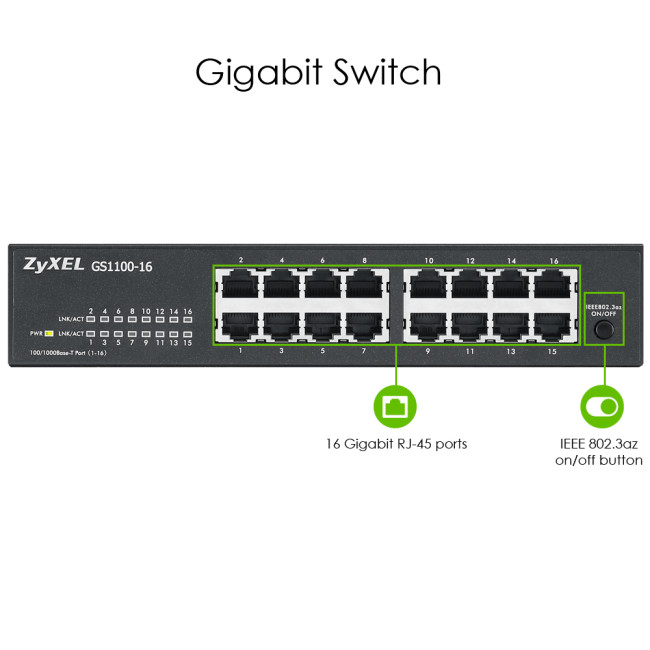Zyxel GS1100-16-GB0103F 32 Gbit/s Rack Mountable Unmanaged 16 x Gigabit Ethernet RJ45 Network Switch
