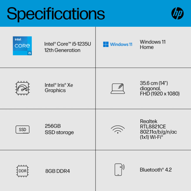 HP 14s-dq5009na Intel Core i5-1235U 8GB RAM 256GB SSD Full HD 14" Windows 11 Home Laptop
