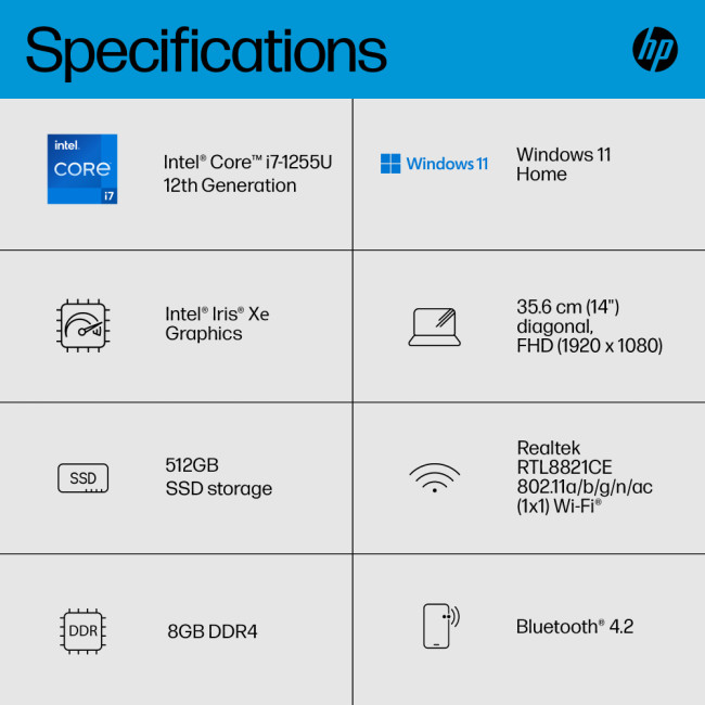 HP 14s-dq5014na Intel Core i7-1255U 8GB RAM 512GB SSD 14" Windows 11 Home Laptop