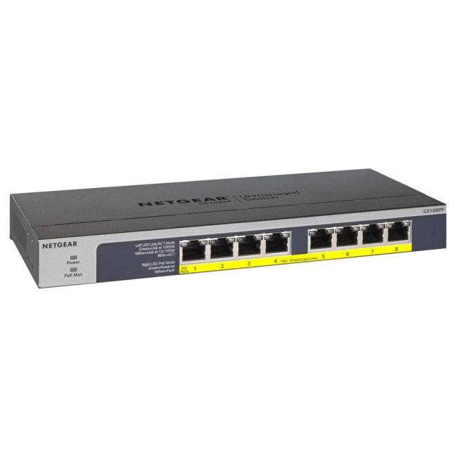 Refurbished NETGEAR GS108PP Unmanaged Gigabit Ethernet 8 Ports Network Switch - Black