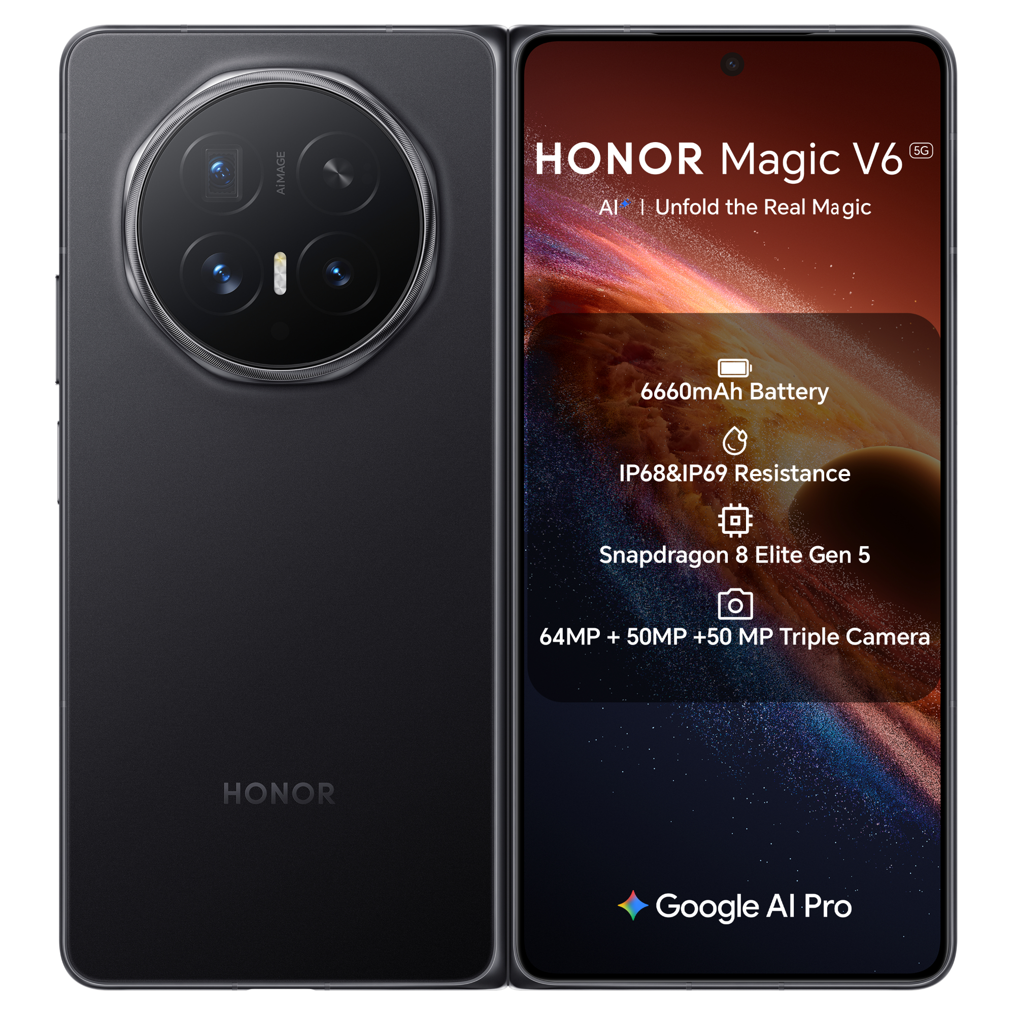HONOR Magic V6 6.52" OLED Snapdragon 8 Elite 16GB RAM 512GB Storage 5G Dual-SIM MagicOS Smartphone - Black