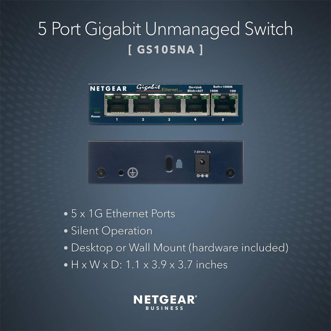 NETGEAR GS105 Unmanaged Gigabit Ethernet 5 Ports Network Switch - Blue