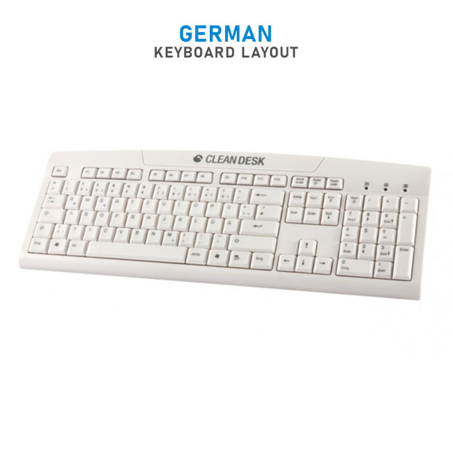Refurbished Gett Clean Desk - KL20232 USB Keyboard Waterproof Fluester Stop 105 Keys with German Layout- White