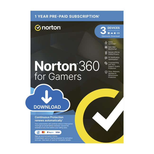 Norton 360 for Gamers - 50GB, 1 User, 3 Devices, 1-Year, Includes VPN & AntiScam, Enrollment Digital Key