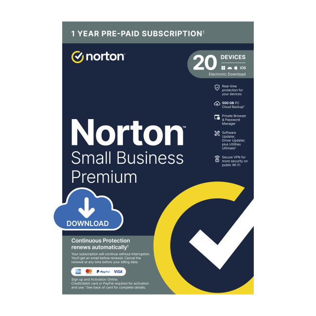 Norton Small Business Premium 2.1 - 500GB, 1 User, 20 Devices, 1-Year Enrollment Digital Key