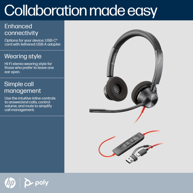 Poly Blackwire 3320 Stereo Microsoft Teams Certified USB-C Headset