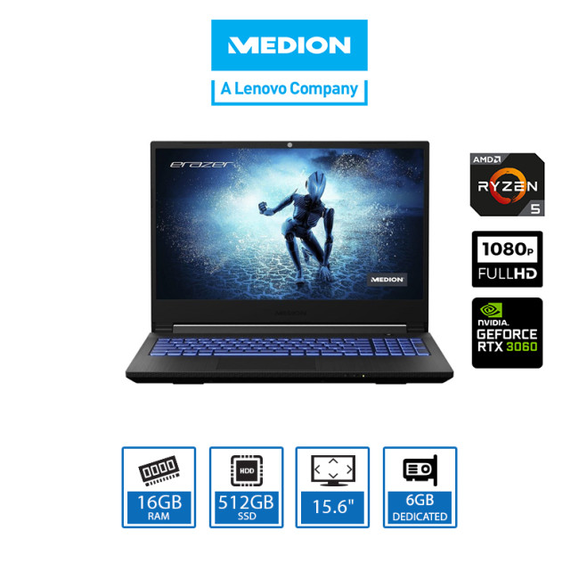 Medion Erazer Deputy P25 Gaming Laptop AMD Ryzen 5-5600H 16GB RAM 512GB M.2 SSD 15.6" FHD 144Hz NVIDIA GeForce RTX 3060 6GB GDDR6 Graphics - 30033536