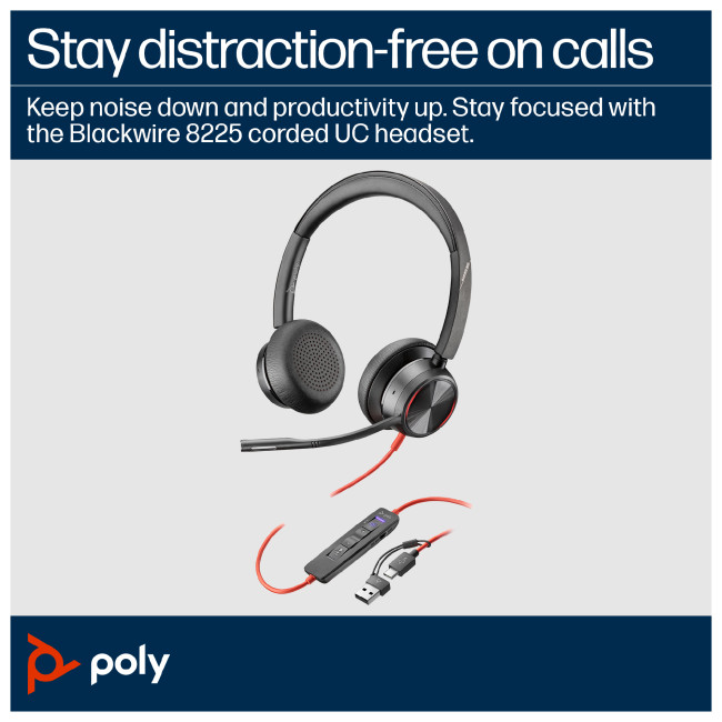 Poly Blackwire 8225 Stereo Microsoft Teams Certified USB-C USB-A Wired Headset