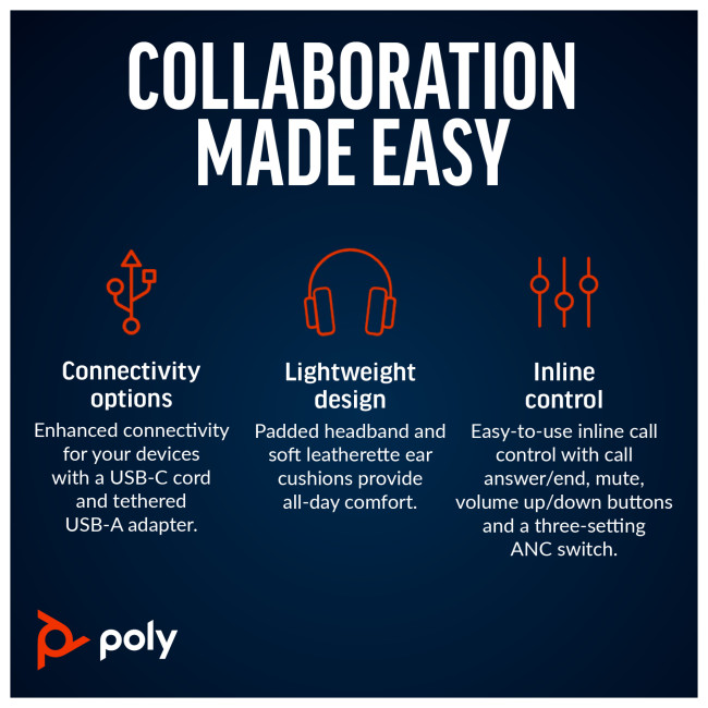 Poly Blackwire 8225 Stereo Microsoft Teams Certified USB-C USB-A Wired Headset