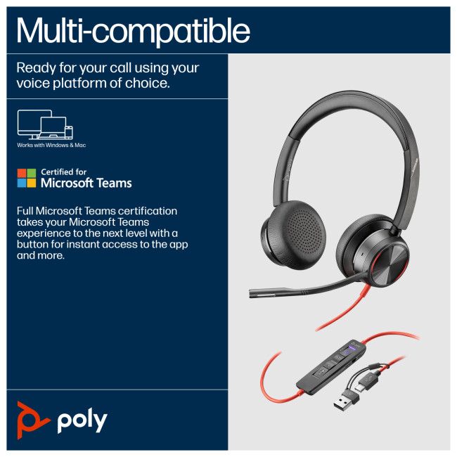 Poly Blackwire 8225 Stereo Microsoft Teams Certified USB-C USB-A Wired Headset