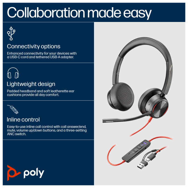 Poly Blackwire 8225 Stereo Microsoft Teams Certified USB-C USB-A Wired Headset