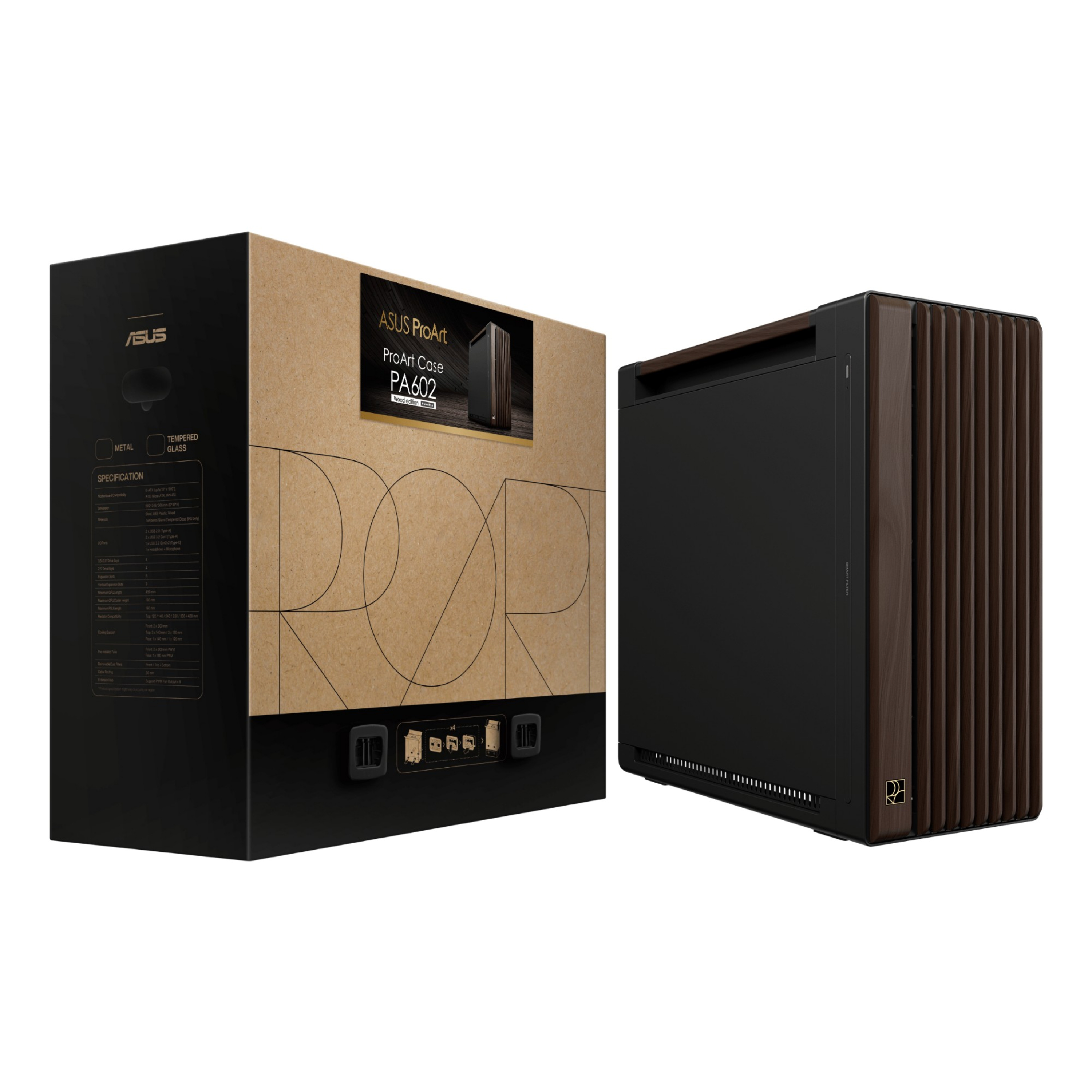 Refurbished ASUS ProArt PA602 Wood Edition Modern Black Mid Tower PC Case - 3x PWM Fans