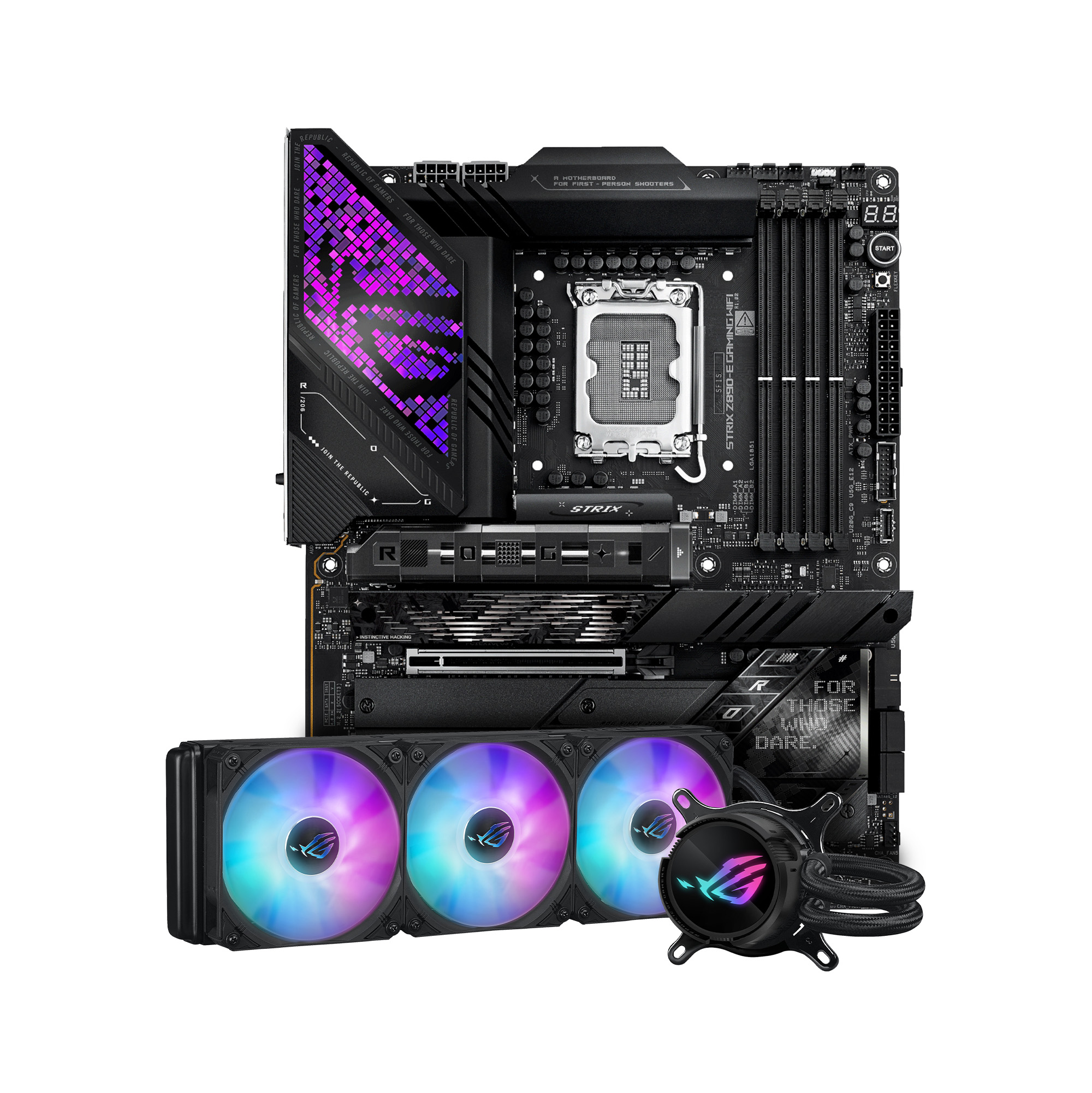 ASUS ROG STRIX Z890-E GAMING WIFI DDR5 ATX LGA-1851 Motherboard + ROG STRIX LC III 360 ARGB LCD AIO Cooler Bundle Pack
