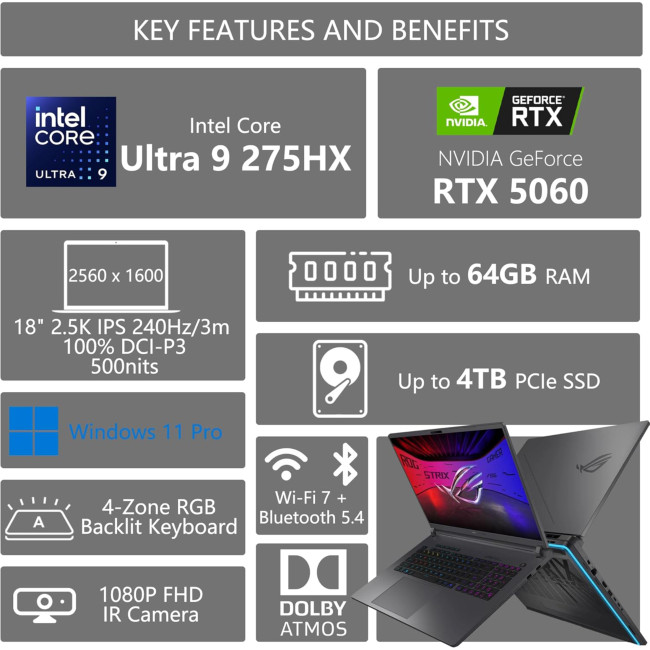 ASUS ROG Strix G18 G815LM-S9008W Intel Core Ultra 9 275HX 32GB RAM 1TB SSD RTX 5060 18" WQXGA IPS 240Hz Windows 11 Home Gaming Laptop