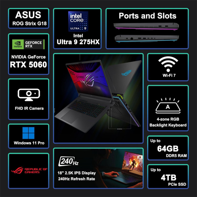 ASUS ROG Strix G18 G815LM-S9008W Intel Core Ultra 9 275HX 32GB RAM 1TB SSD RTX 5060 18" WQXGA IPS 240Hz Windows 11 Home Gaming Laptop
