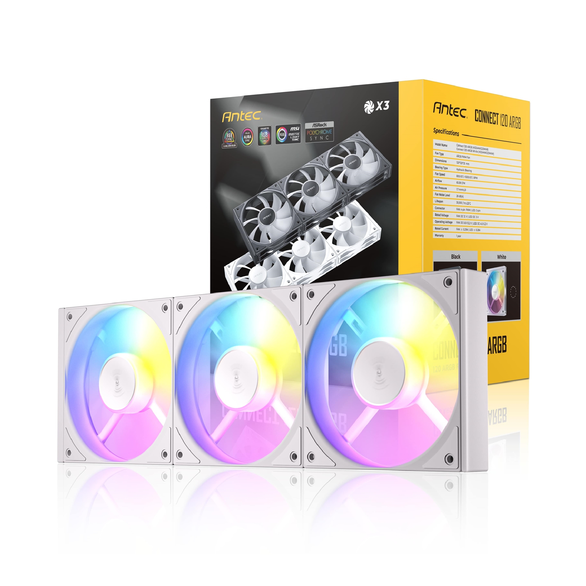 Antec White Connect C120 120 Argb Hydraulic Bearing Computer Case Fan 3 Pack