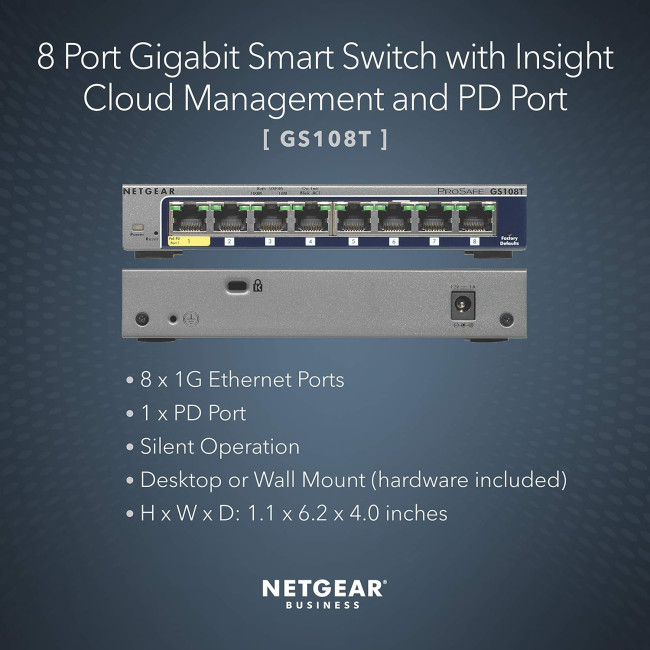 NETGEAR GS108T-300 Managed Gigabit Ethernet 8 Ports Network Switch - Grey
