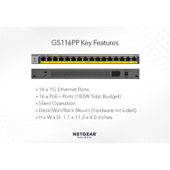 NETGEAR GS116PP Unmanaged Gigabit Ethernet 16 Ports Network Switch - Black
