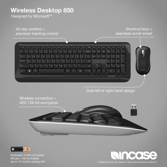 Refurbished Microsoft Wireless Desktop 850 Keyboard and Mouse Set Black - US Keyboard Layout