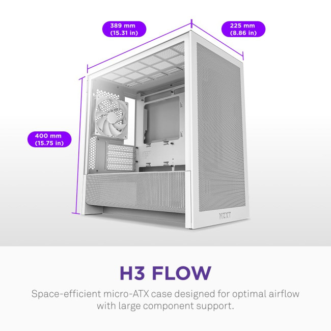 NZXT H3 Flow Tempered Glass Micro-ATX Gaming PC Case White