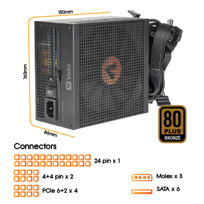 Vida Heracles 650W ATX 80 Plus Bronze Fully Wired PSU Power Supply - Black