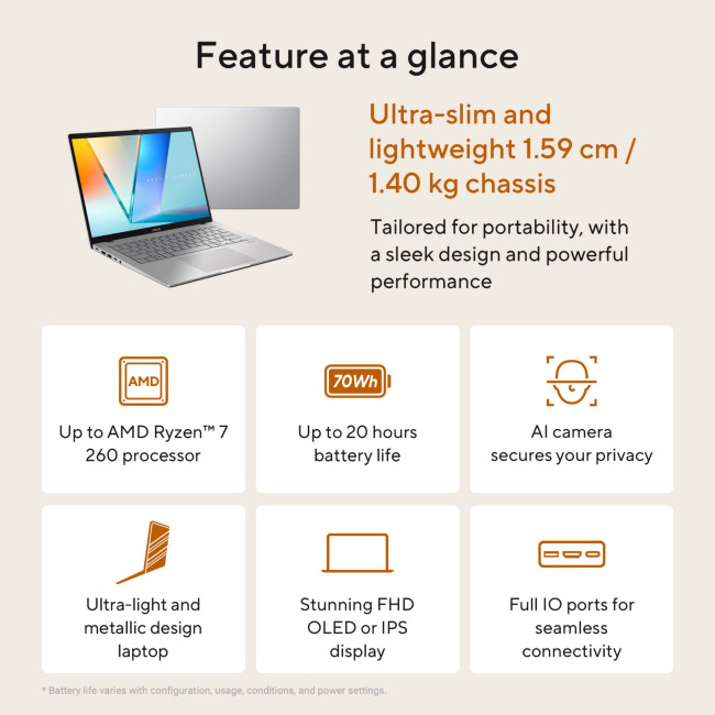 ASUS VivoBook S14 M3407HA-LY008W AMD Ryzen 5 220 16GB RAM 512GB SSD 14" WUXGA Windows 11 Home Laptop