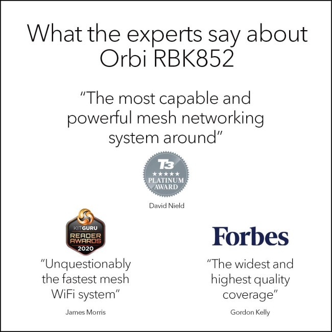 Netgear Orbi RBK852 Tri-Band Wi-Fi 6 Wireless Router Mesh System + 1 Satellite -White
