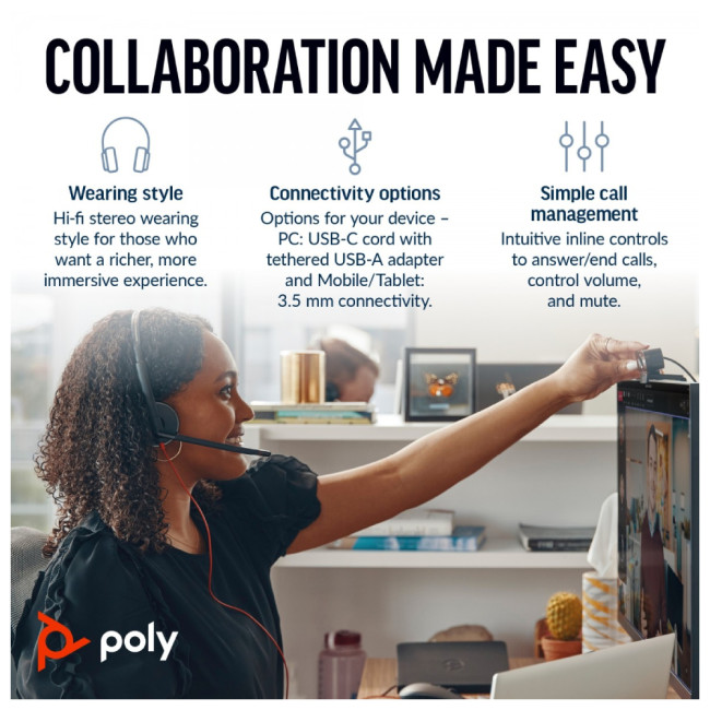 Poly Blackwire 3225 Wired USB Headset Black with 3.5mm Plug & USB-C/A Adapter - 8X229AA