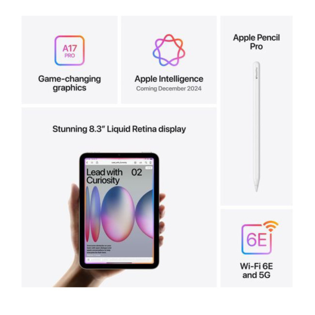 Apple iPad Mini A2995 A17 Pro Chip 8.3" 512GB Storage WiFi + Cellular Tablet - Purple