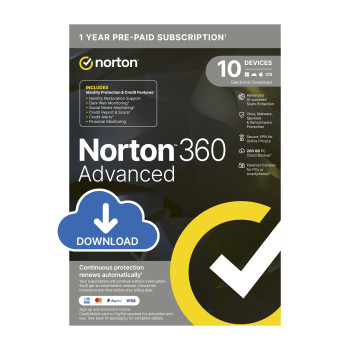 Norton 360 Advanced (No Insurance) - 200GB, 1 User, 10 Devices, 1-Year, Includes VPN & AntiScam, Enrollment Digital Key