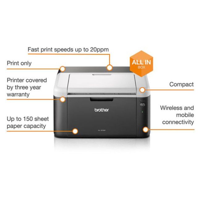 Refurbished Brother HL-1212W Monochrome A4 Wireless Laser Printer 2400 x 600 DPI - No Cartridge Included