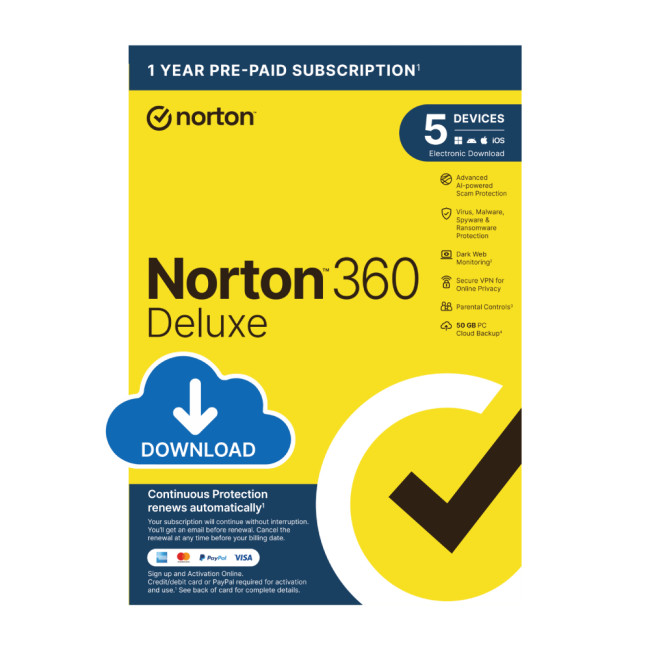 Norton 360 Deluxe - 50GB, 1 User, 5 Devices, 1-Year, Includes VPN & AntiScam, Auto Renews, Digital Key