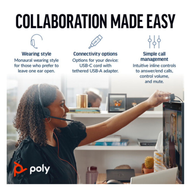 POLY Blackwire 3310 Monaural Wired USB-C Mono Headset - Black