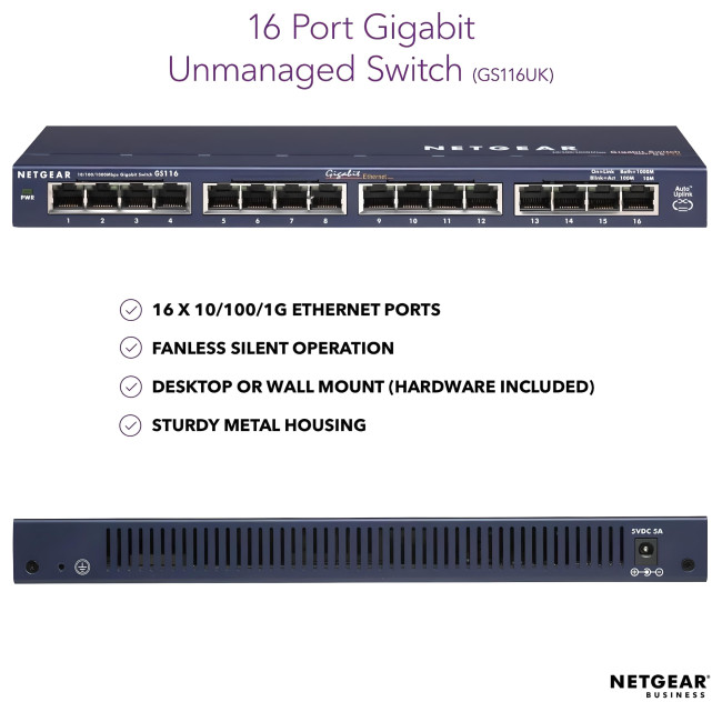 Refurbished NETGEAR ProSafe GS116UK Unmanaged Gigabit Ethernet 16 Ports Network Switch