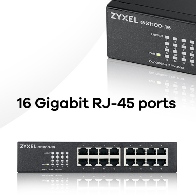 Zyxel GS1100-16-GB0103F 32 Gbit/s Rack Mountable Unmanaged 16 x Gigabit Ethernet RJ45 Network Switch