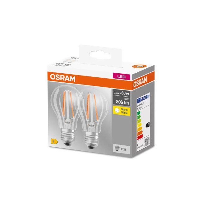 Osram Base Classic A60 7 Watt E27 Warm White Clear LED Bulb - Twin Pack