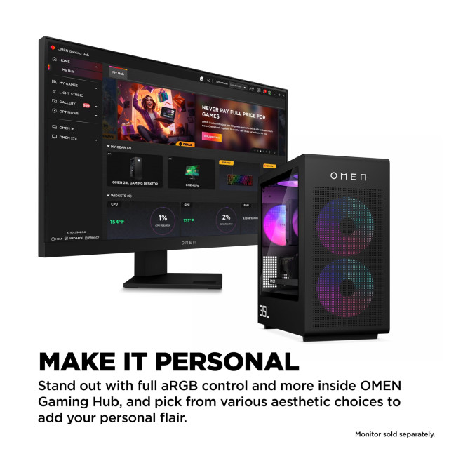 HP OMEN 35L Intel Core Ultra 7 265K 32GB RAM 1TB SSD + 1TB HDD NVIDIA GeForce RTX 5070 Ti Win 11 Home Gaming Tower PC