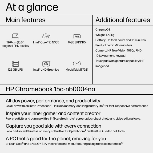 HP ChromeBook 15a-nb0004na Intel Core i3-N305 15.6" Full HD 8GB RAM 256GB Flash ChromeOS Laptop