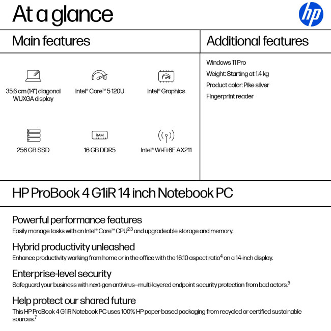 HP ProBook 4 G1iR Intel Core 5 120U 14" WUXGA 16GB RAM 256GB SSD Windows 11 Pro Laptop